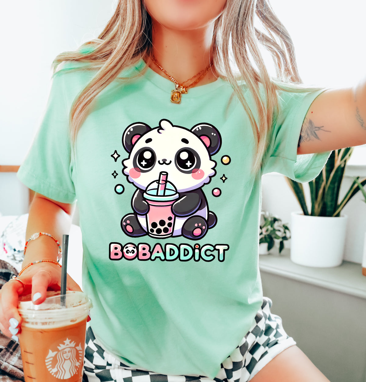 Boba Addict Cute Panda Bear Boba Tea Shirt | Heather Mint Unisex Jersey T-shirt
