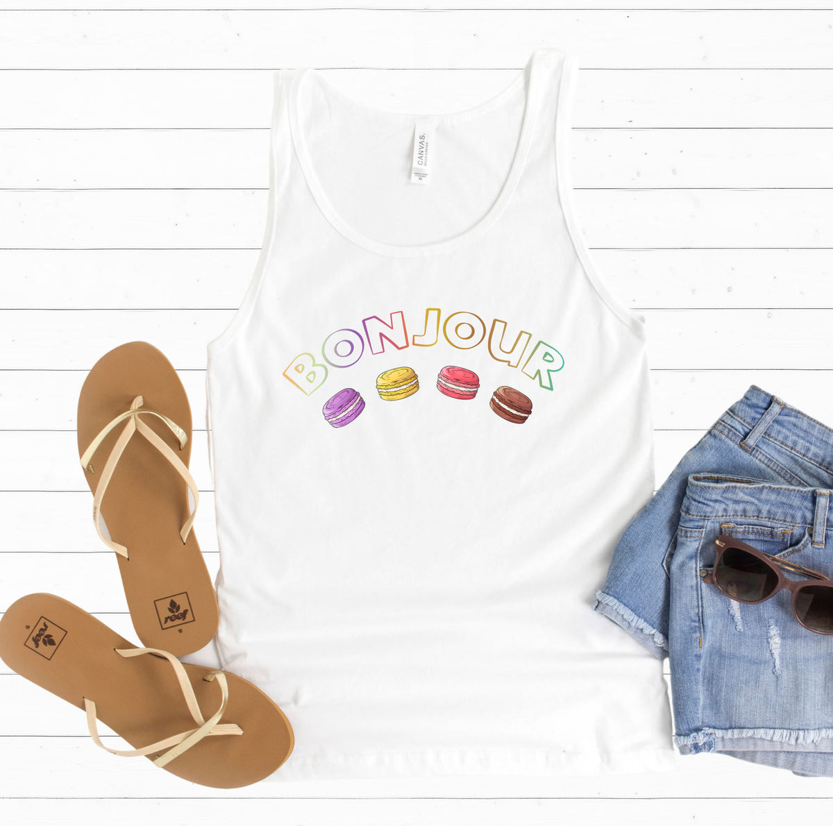 Bonjour French Macaron Cookie Baking Shirt  | White Unisex Jersey Tank Top