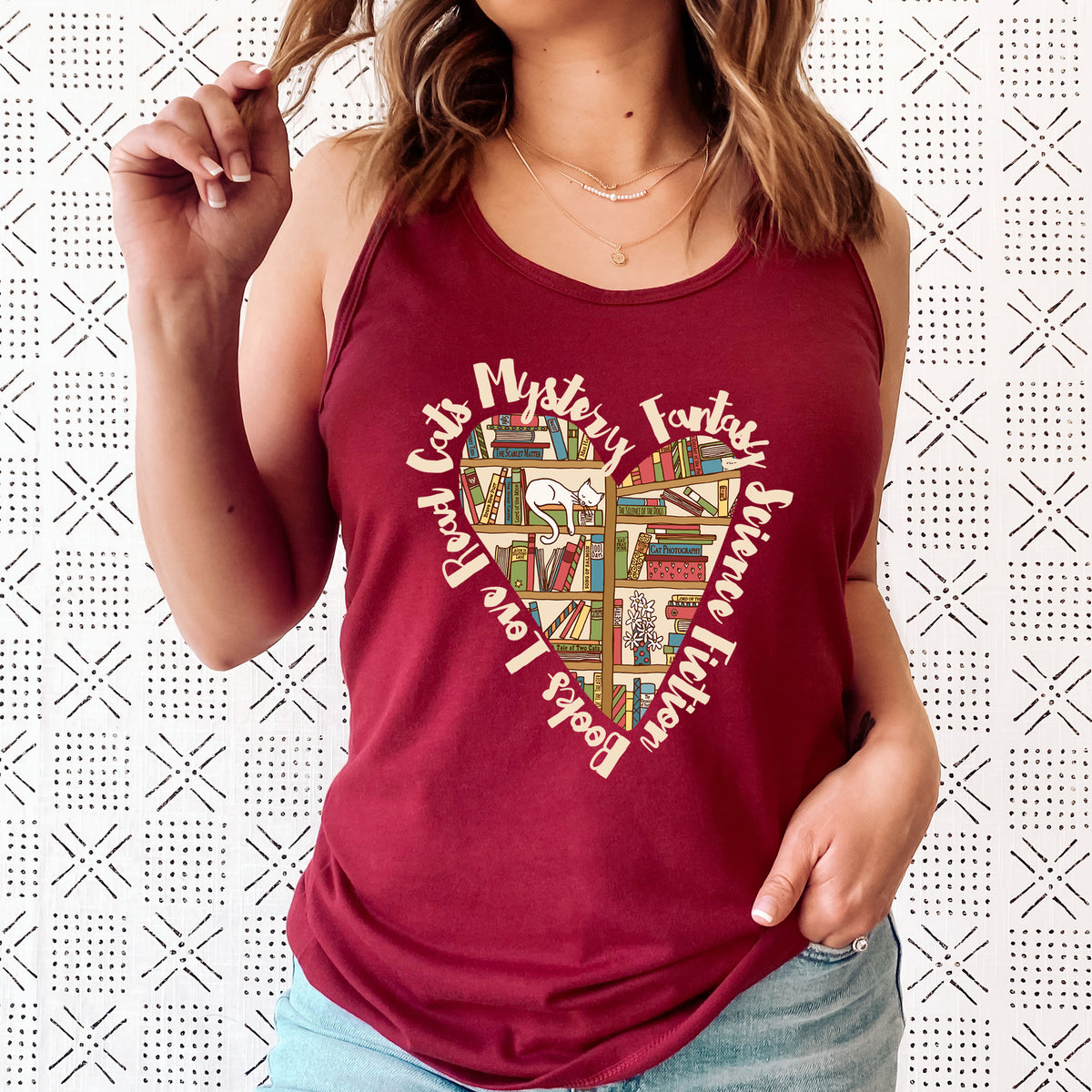 Book Lover Heart Cat Lady T-shirt | Women's Cardinal Red Racerback Tank Top