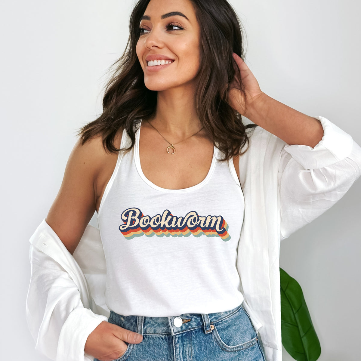 Retro Bookworm Book Lover Shir | Women's White Racerback Tank Top