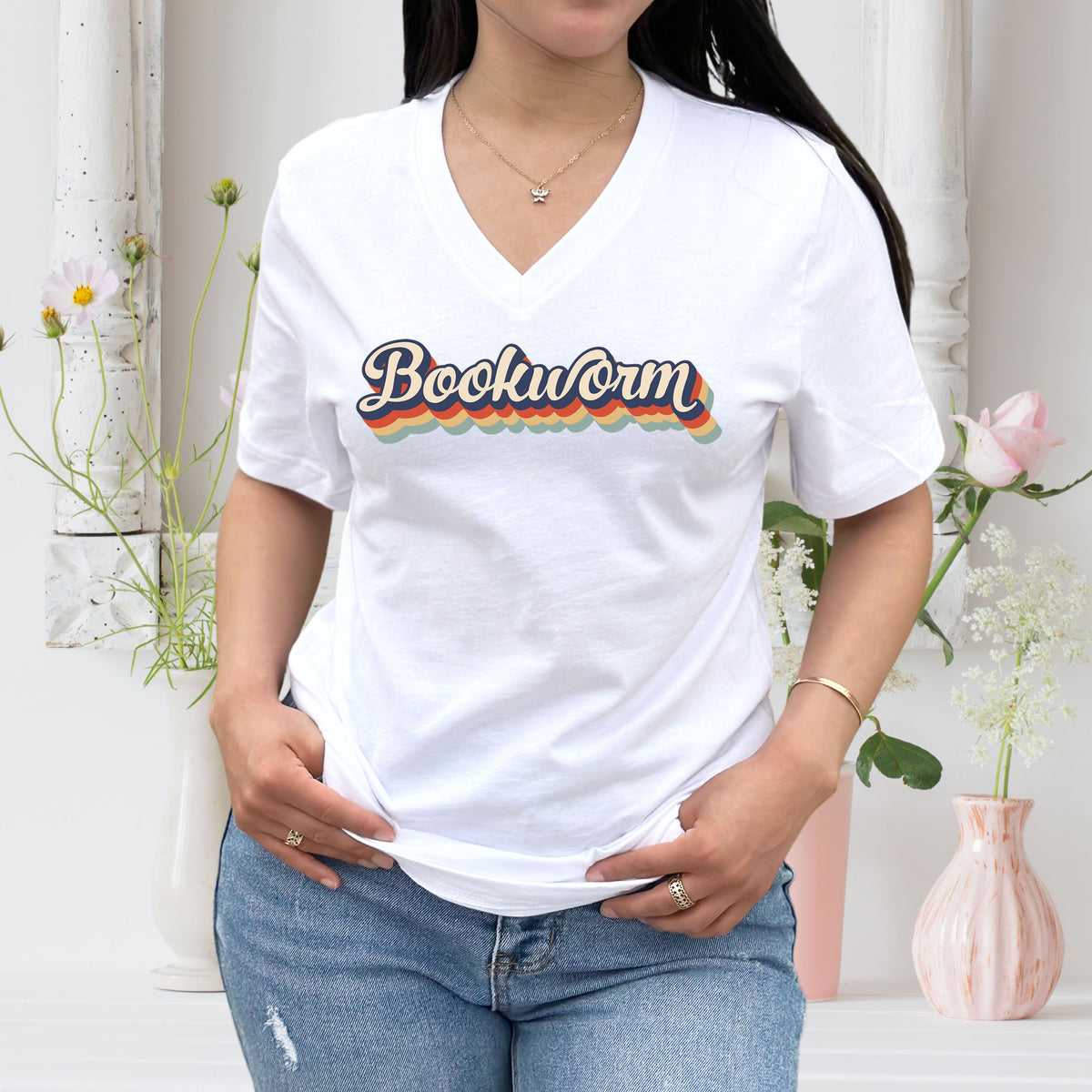 Retro Font Book Worm Book Lover Shirt  | White Vneck Tshirt