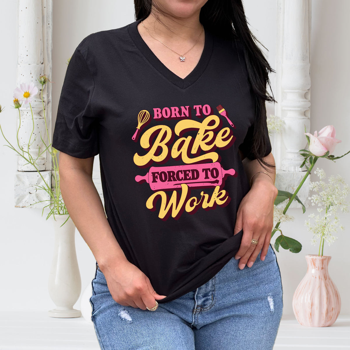 Born To Bake Funny Baking Shirt || Black V-neck T-shirt