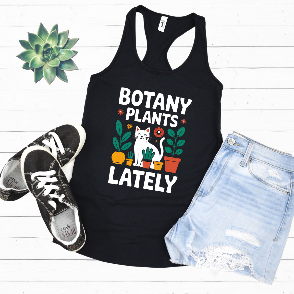 Botany Plants Lately Plant Lady Cat Shirt  | Black Racerback Tank Top