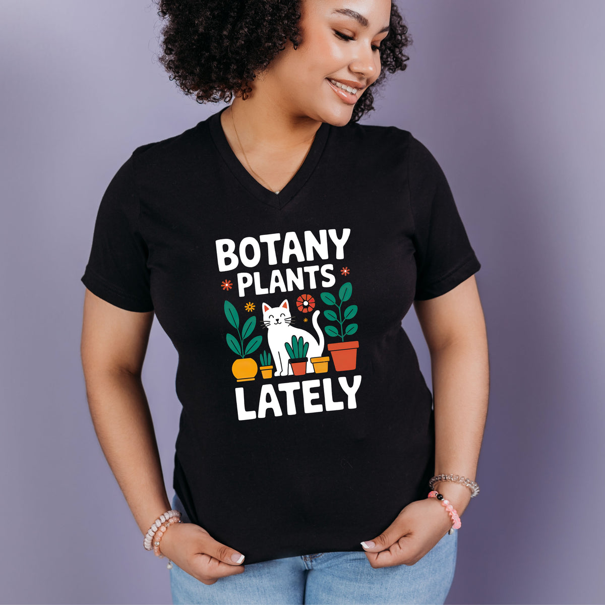 Botany Plants Lately Plant Lady Cat Shirt  | Black V-neck T-shirt
