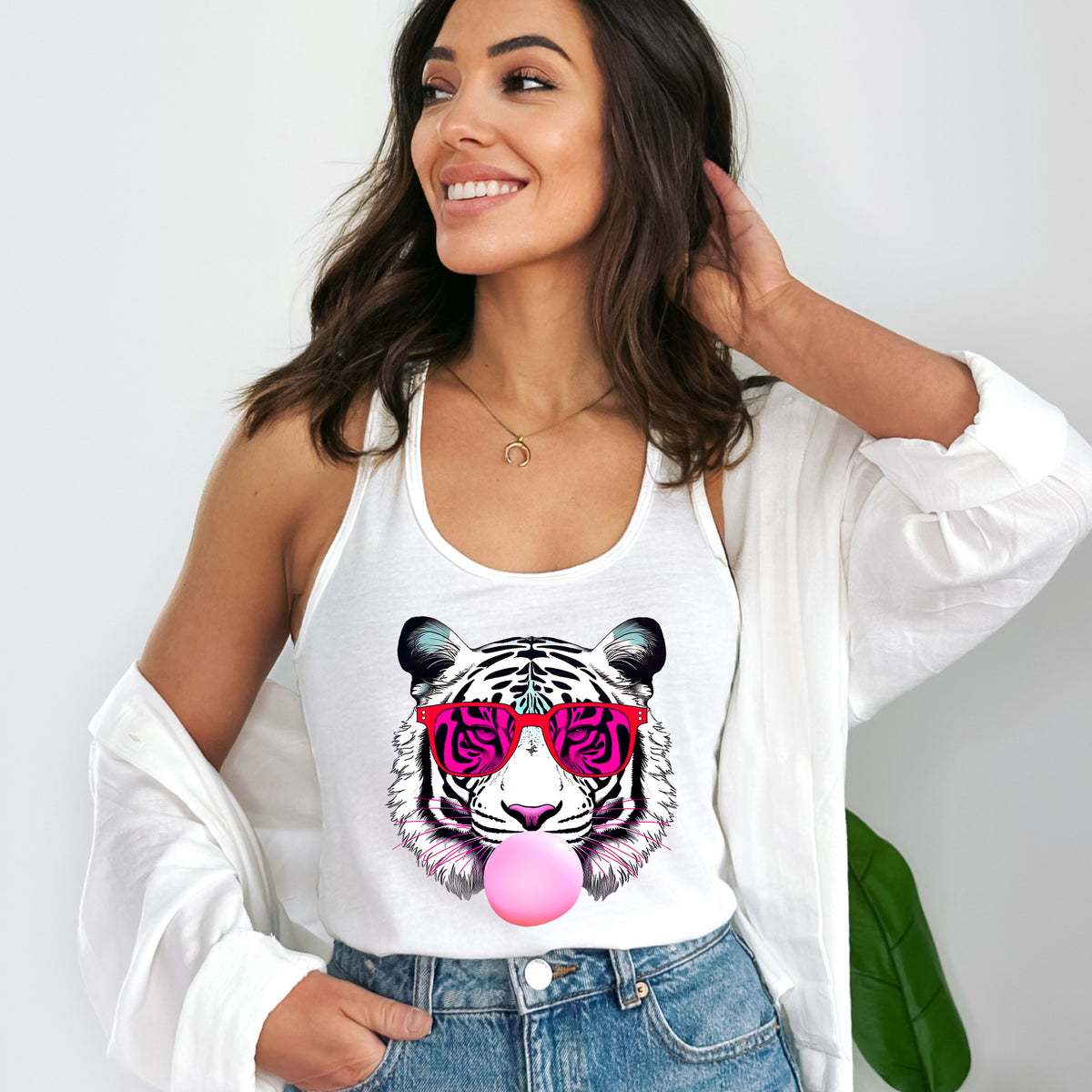 Bubblegum Pink Tiger Shirt | Tiger Face Shirt | Pop Art Shirt | Gift for Animal Lover Summer Shirt | Women's Slim-fit Racerback Tank Top
