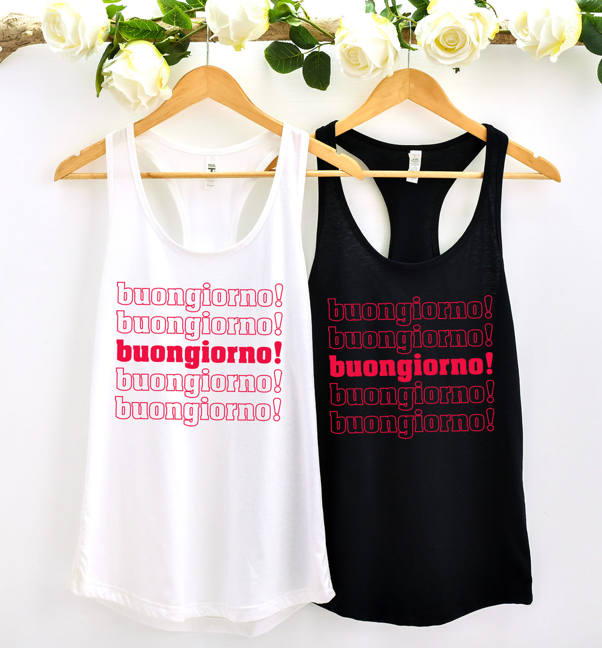 Buongiorno Good Morning Italy Shirts | White Black Racerback Tank Top