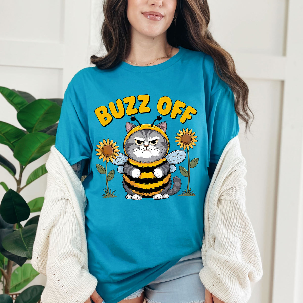 Buzz Off Funny Cat Meme Shirt | Tropical Blue Soft Style Tshirt