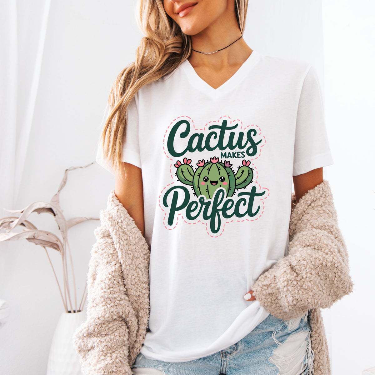 Cactus Makes Perfect Shirt | White V-neck T-shirt