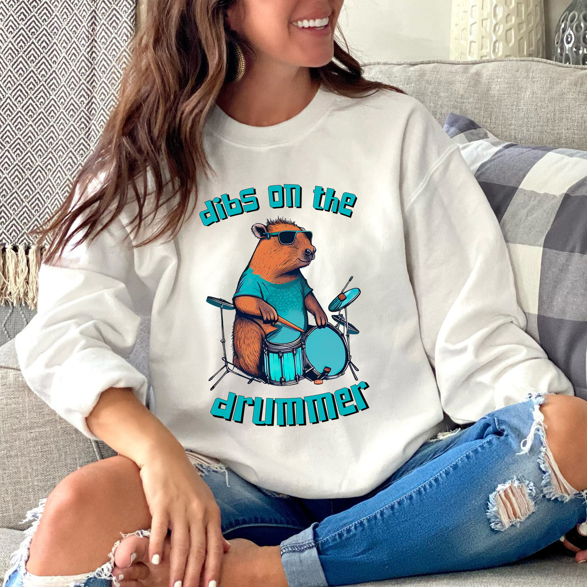 Dibs On The Drummer Capybara Shirt | Capybara Lover Gift For Her | Drummer Gift | Unisex Crewneck Sweatshirt