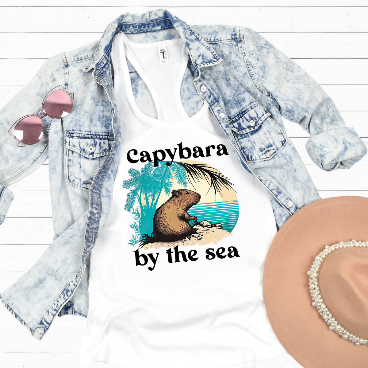 Capybara By The Sea Shirt | Capybara Lover Gift | Tropical Island Shirt | Funny Capybara Shirt | Women's Slim-fit Racerback Tank Top