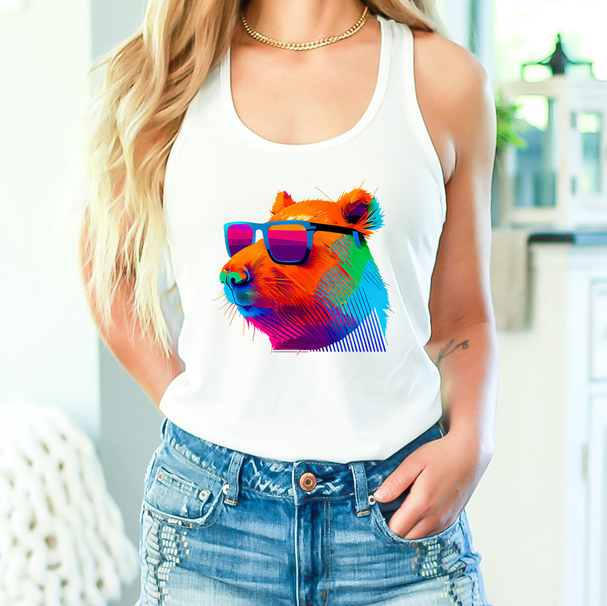 Cool Sunglasses Capybara Shirt | Capybara Lover Gift | Capybara Art Shirt | Retro Capybara Shirt | Women's Slim-fit Racerback Tank TopTop