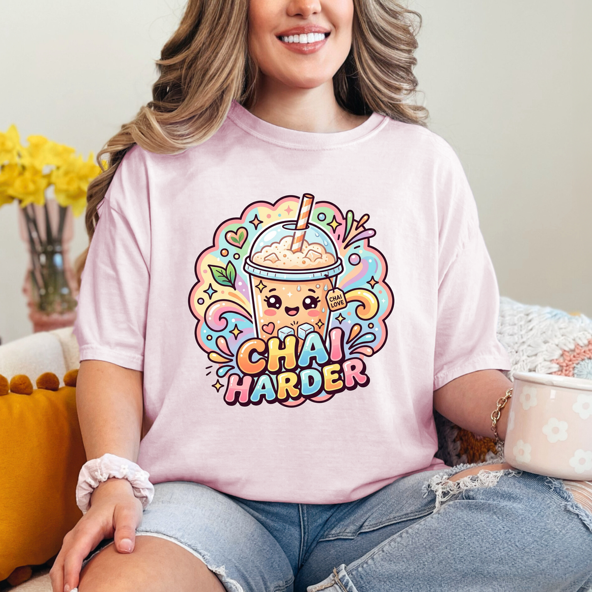 Chai Harder Garment-Dyed T-shirt | Kawaii Iced Chai Latte Shirt | Chai Tea Lover Desi Vibes Gift