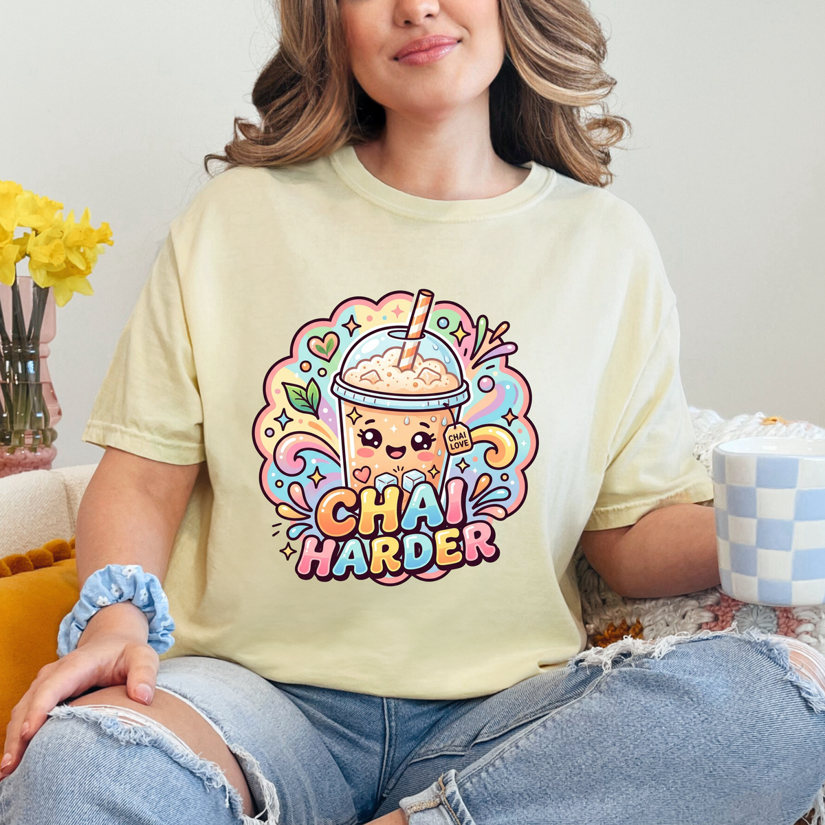 Chai Harder Garment-Dyed T-shirt | Kawaii Iced Chai Latte Shirt | Chai Tea Lover Desi Vibes Gift