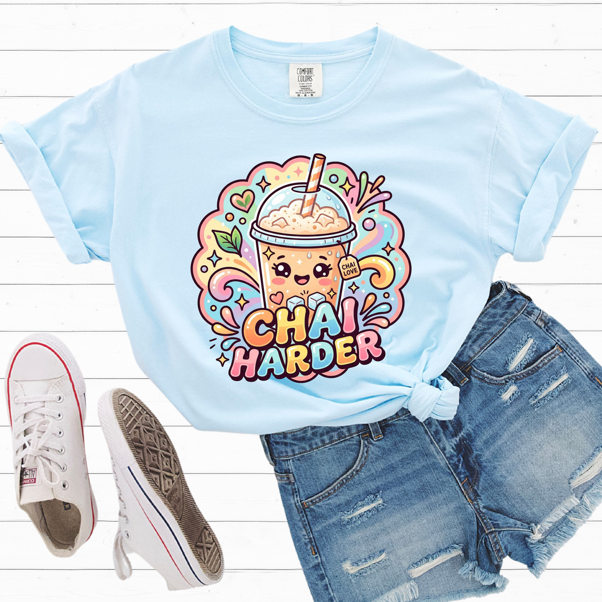 Chai Harder Garment-Dyed T-shirt | Kawaii Iced Chai Latte Shirt | Chai Tea Lover Desi Vibes Gift