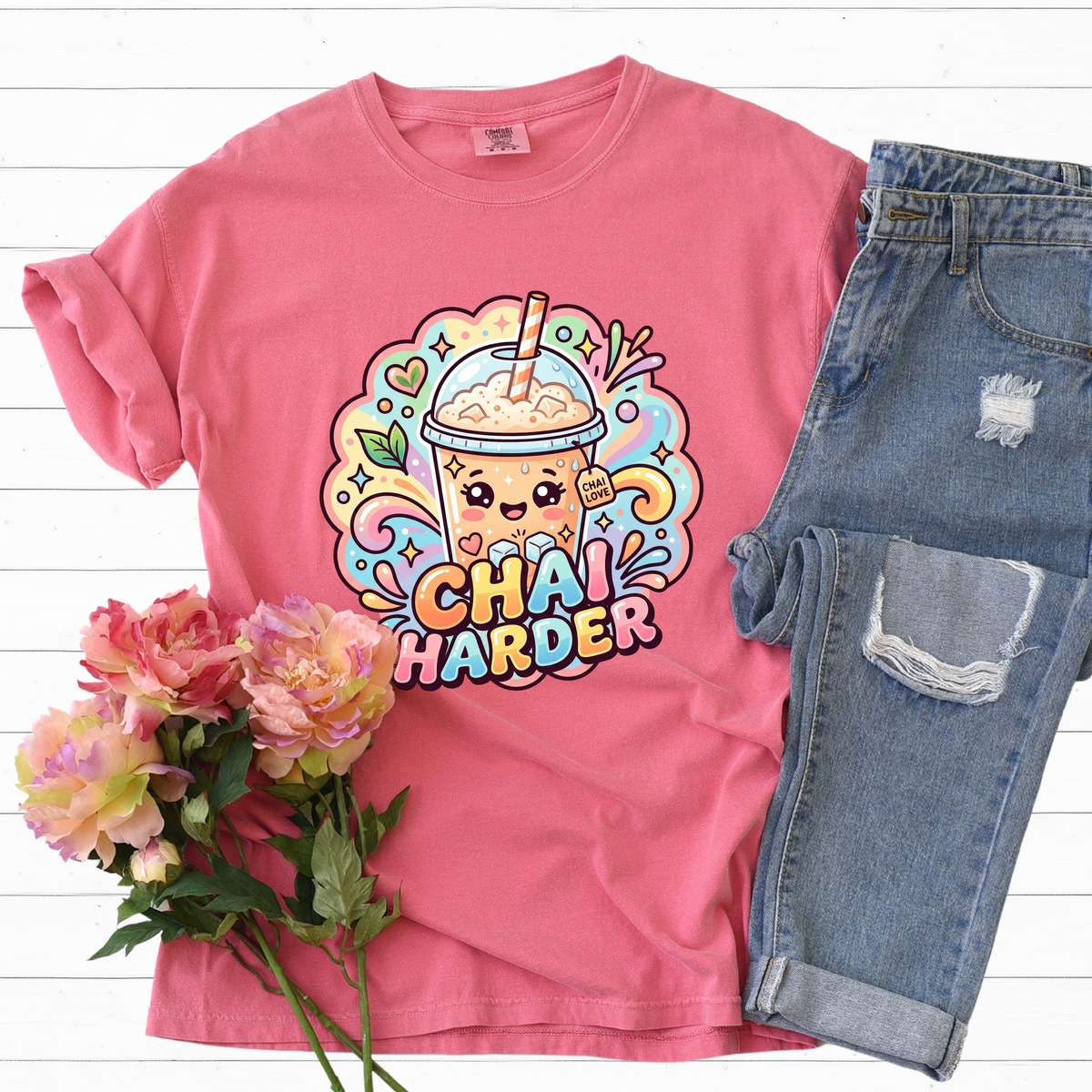 Chai Harder Garment-Dyed T-shirt | Kawaii Iced Chai Latte Shirt | Chai Tea Lover Desi Vibes Gift