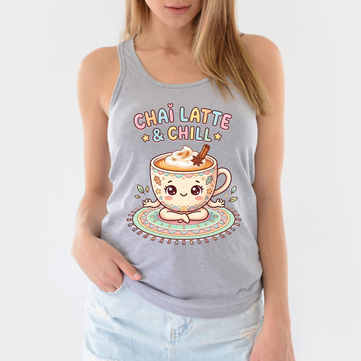 Chai Latte & Chill Kawaii Shirt, Chai Tea Yoga T-Shirt, Funny Tea Lover Gift | Yoga Pose Racerback Tank Top