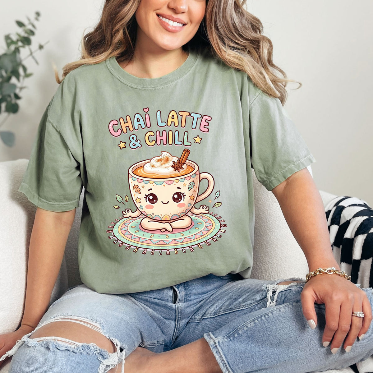 Chai Latte & Chill Kawaii Shirt, Chai Tea Yoga T-Shirt | Funny Tea Lover Gift | Yoga Pose Garment Dyed T-shirt