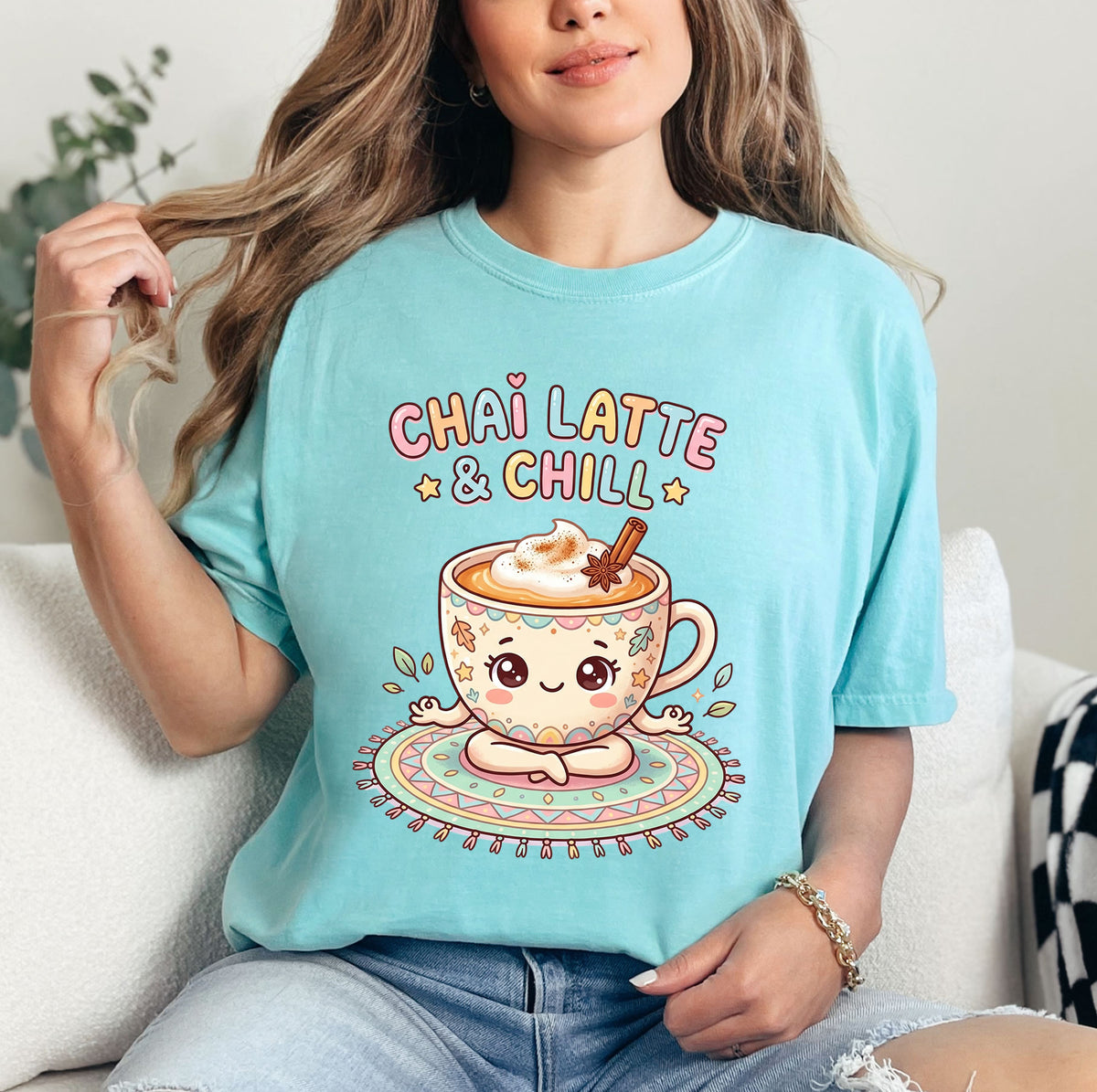 Chai Latte & Chill Kawaii Shirt, Chai Tea Yoga T-Shirt | Funny Tea Lover Gift | Yoga Pose Garment Dyed T-shirt