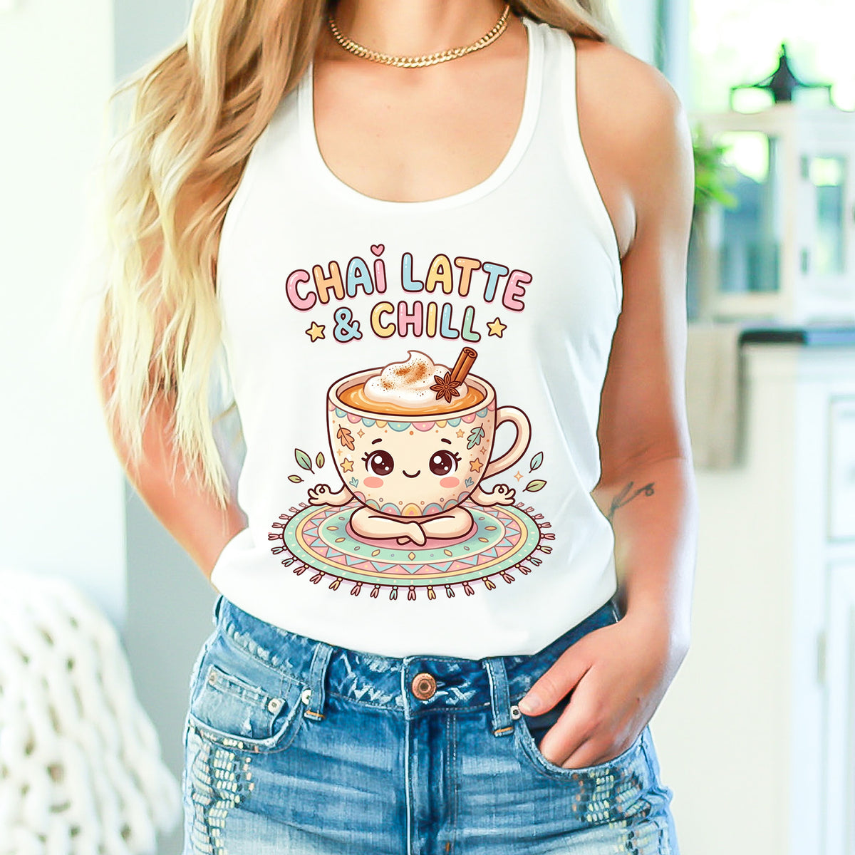 Chai Latte & Chill Kawaii Shirt, Chai Tea Yoga T-Shirt, Funny Tea Lover Gift | Yoga Pose Racerback Tank Top