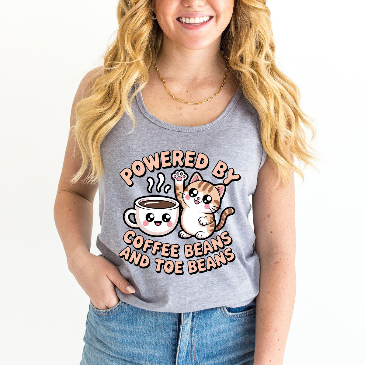 Powered by Coffee Beans and Toe Beans Shirt | Cute Kawaii Cat Tee | Coffee Lover Cat Racerback Tank Top
