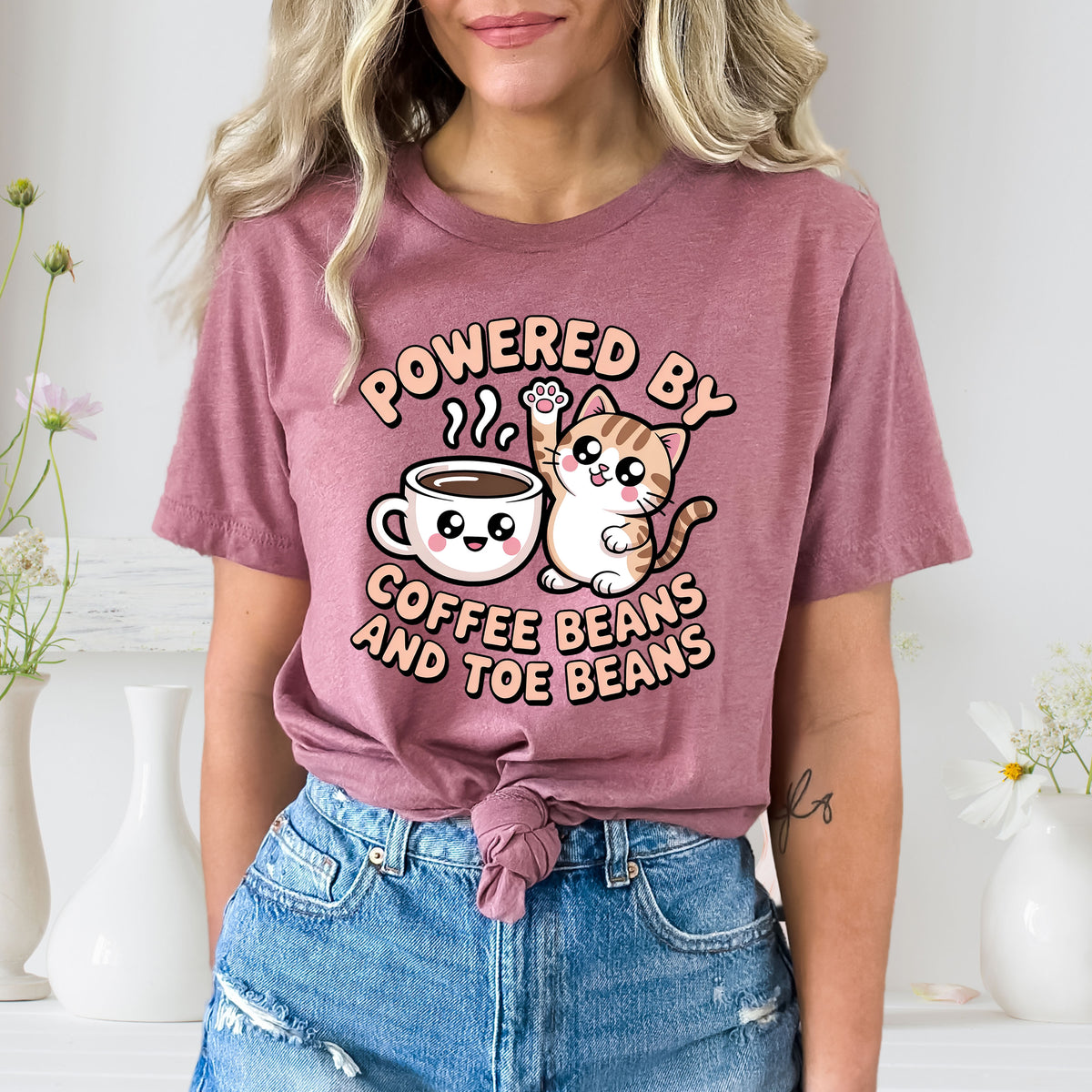 Powered by Coffee Beans and Toe Beans Shirt | Cute Kawaii Cat Tee | Coffee Lover Cat Shirt | Soft Jersey T-shirt