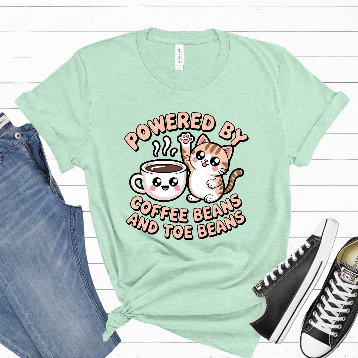 Powered by Coffee Beans and Toe Beans Shirt | Cute Kawaii Cat Tee | Coffee Lover Cat Shirt | Soft Jersey T-shirt