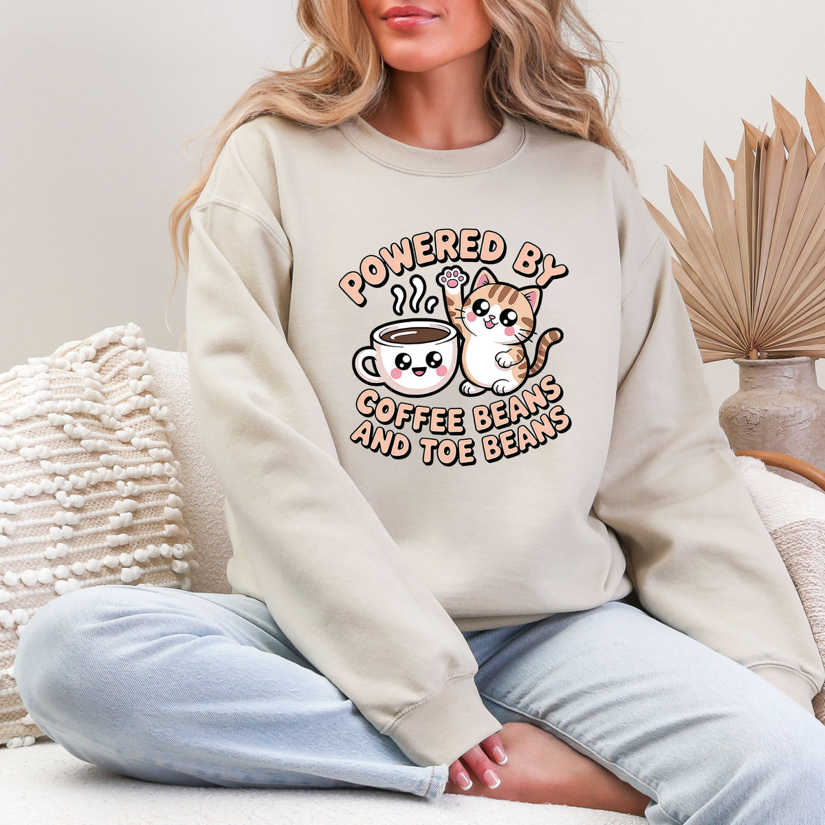 Powered by Coffee Beans and Toe Beans Shirt | Cute Kawaii Cat Tee | Coffee Lover Cat Sweatshirt