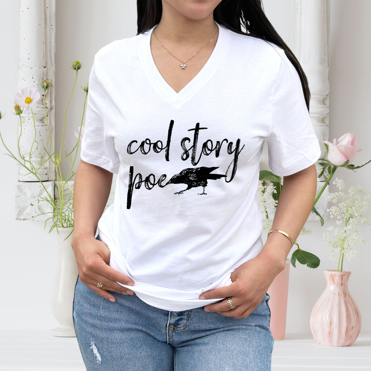 Cool Story Edgar Allan Poe Book Worm Shirt } White V-neck T-shirt