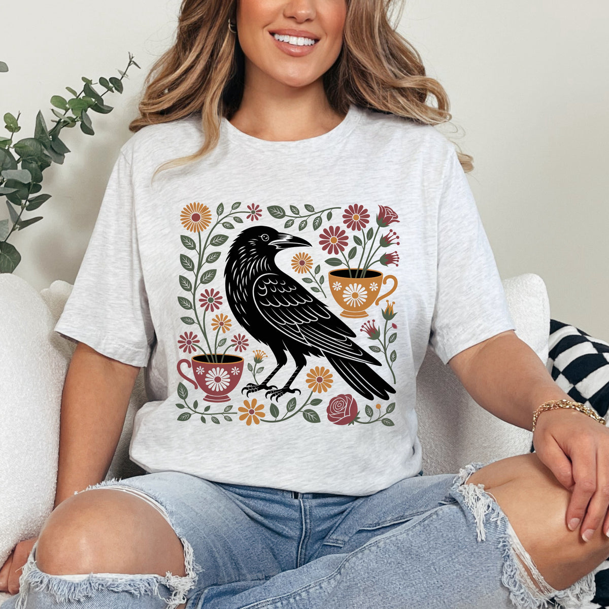 Cottagecore Crow Shirt | Raven Botanical Tshirt | Tea Lover Gift | Tea Cup Soft Jersey T-shirt