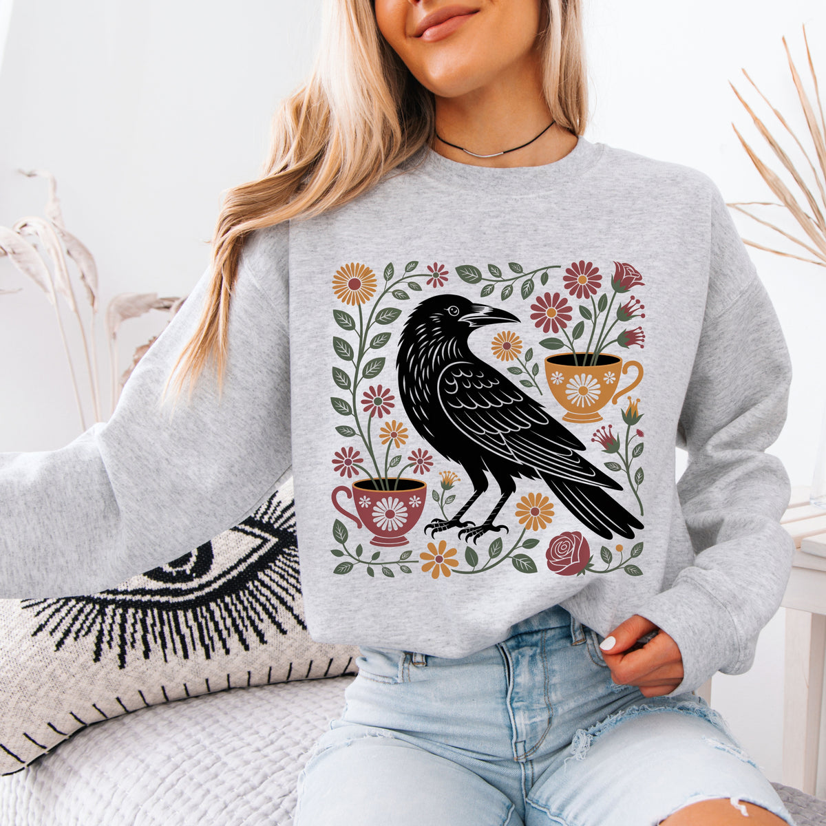 Cottagecore Crow Sweatshirt | Raven Botanical Shirt | Tea Lover Gift | Tea Cup Soft Jersey T-shirt