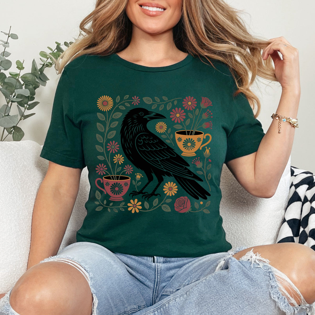 Cottagecore Crow Shirt | Raven Botanical Tshirt | Tea Lover Gift | Tea Cup Soft Jersey T-shirt