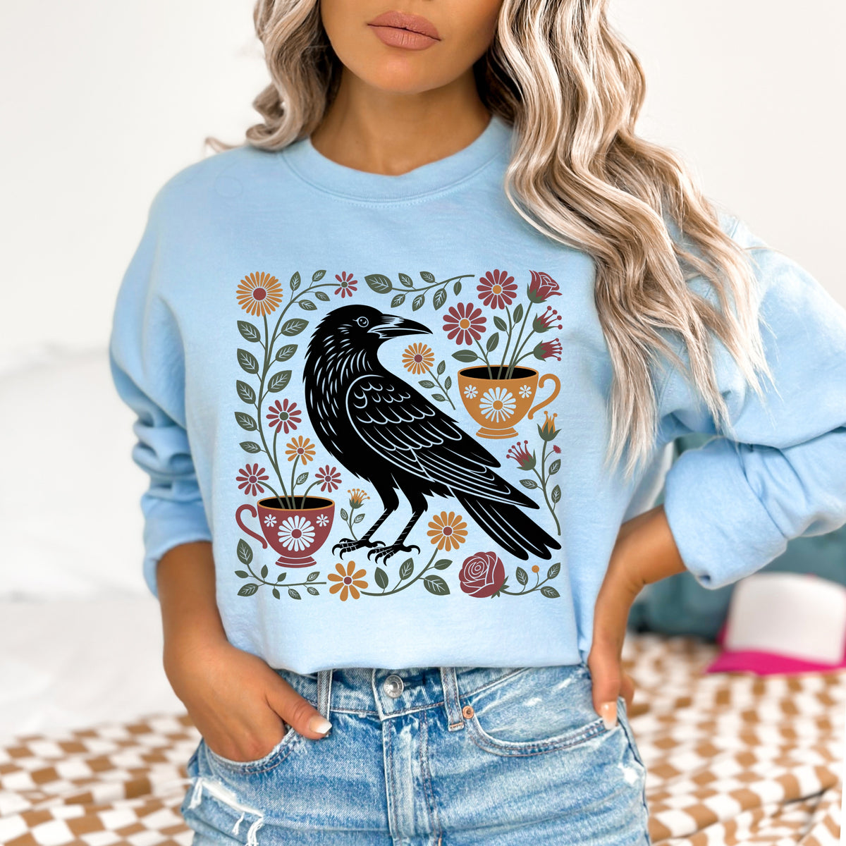 Cottagecore Crow Sweatshirt | Raven Botanical Shirt | Tea Lover Gift | Tea Cup Soft Jersey T-shirt