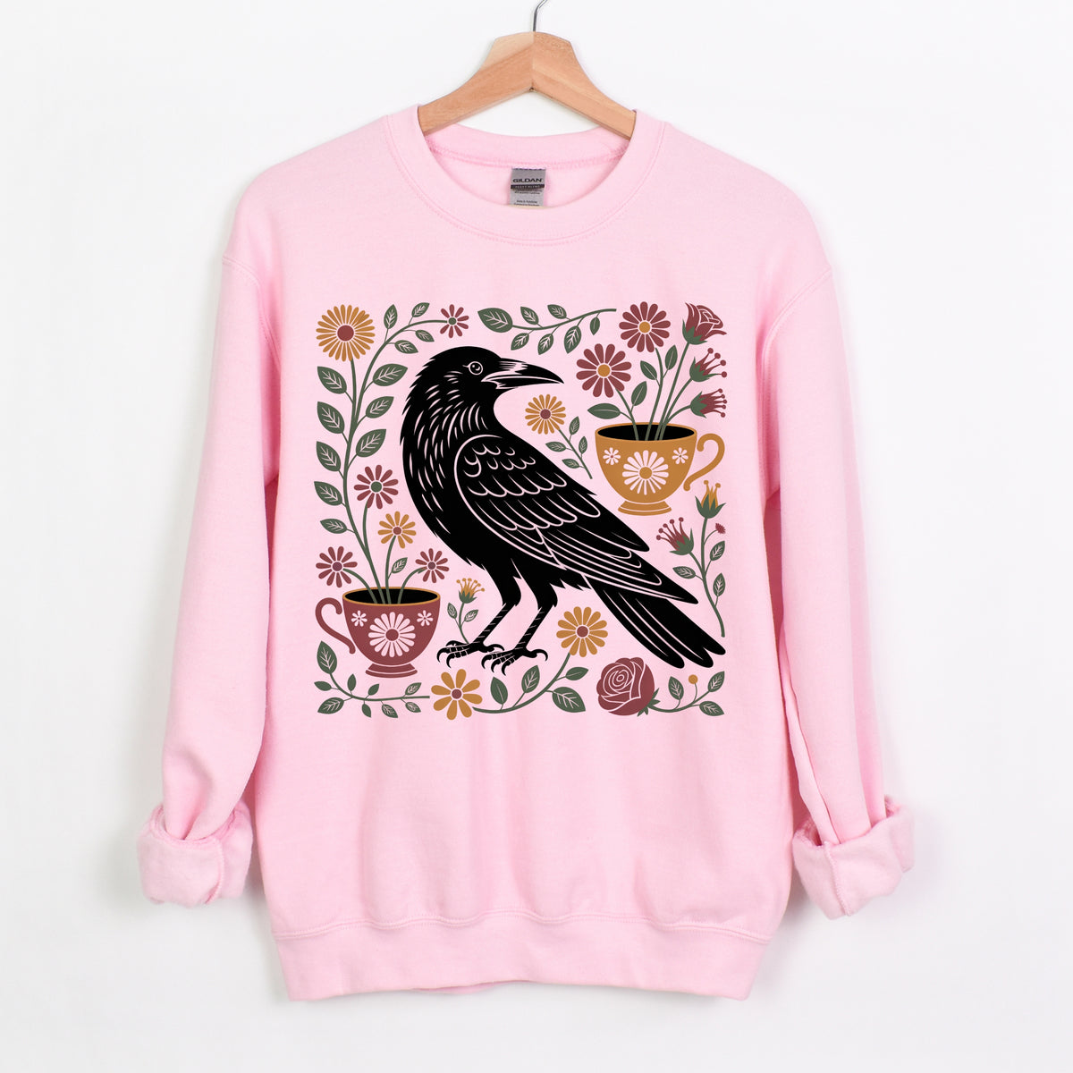 Cottagecore Crow Sweatshirt | Light Pink Crewneck Sweatshirt