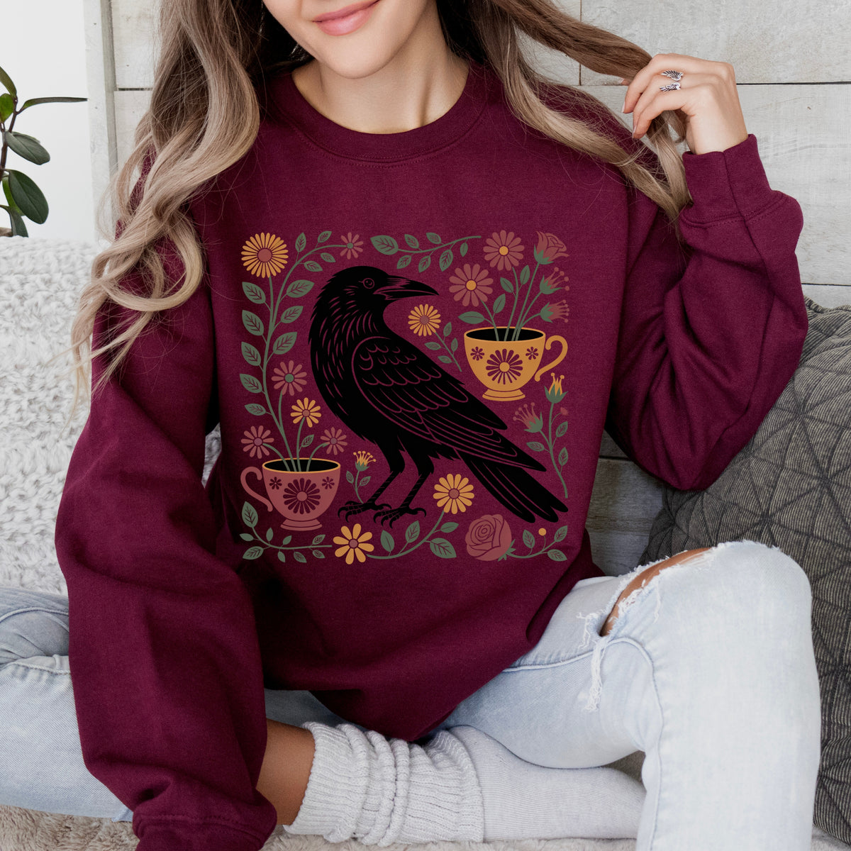 Cottagecore Crow Sweatshirt | Raven Botanical Shirt | Tea Lover Gift | Tea Cup Soft Jersey T-shirt