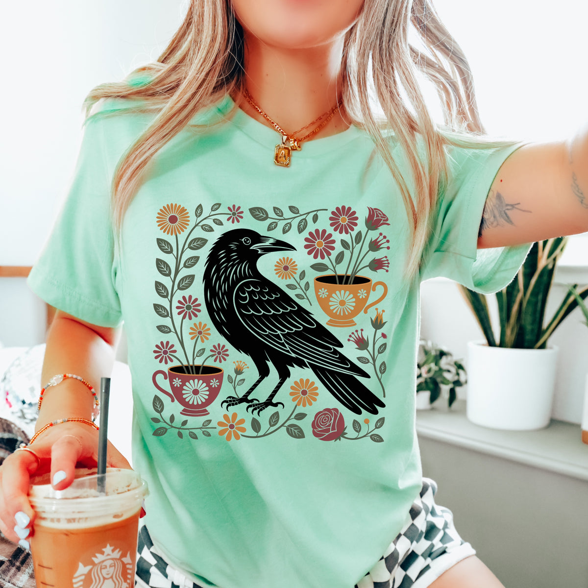 Cottagecore Crow Shirt | Raven Botanical Tshirt | Tea Lover Gift | Tea Cup Soft Jersey T-shirt
