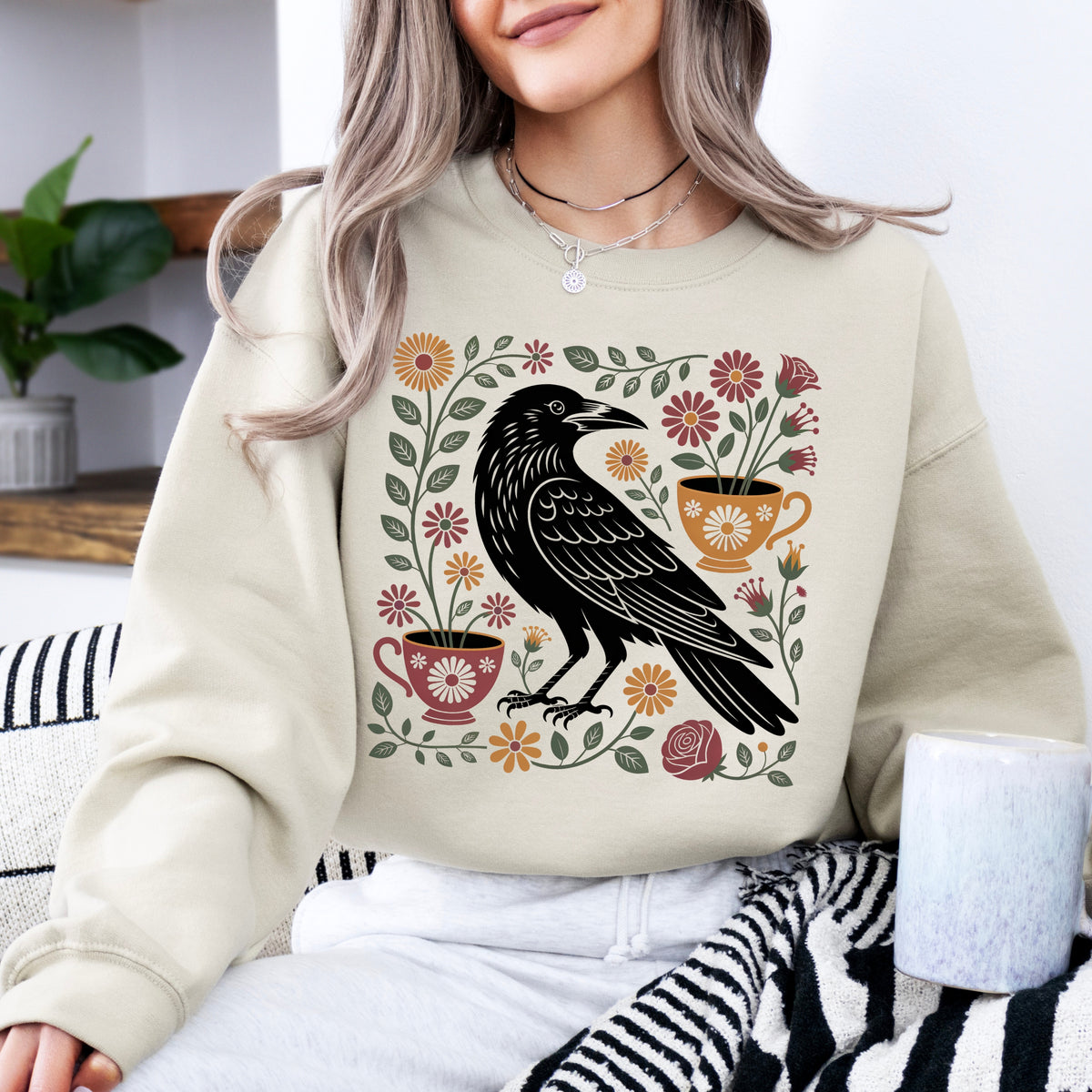 Cottagecore Crow Sweatshirt | Raven Botanical Shirt | Tea Lover Gift | Tea Cup Soft Jersey T-shirt