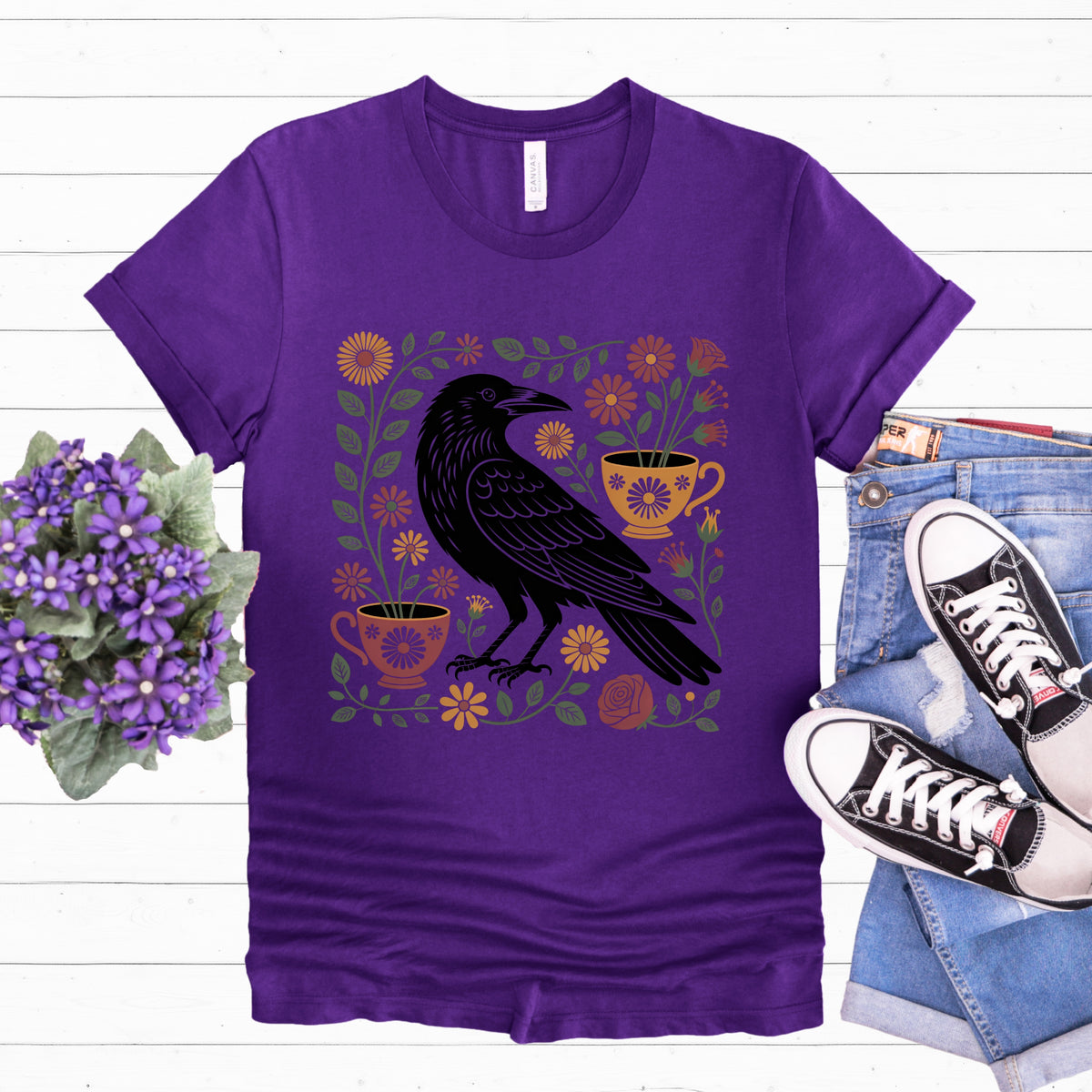 Cottagecore Crow Shirt | Raven Botanical Tshirt | Tea Lover Gift | Tea Cup Soft Jersey T-shirt