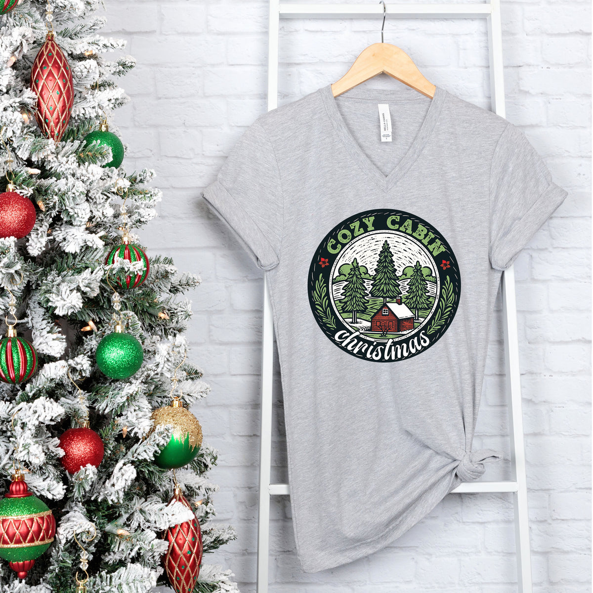 Cozy Cabin Christmas Tree Shirt | Athletic Heather Unisex V-neck T-shirt