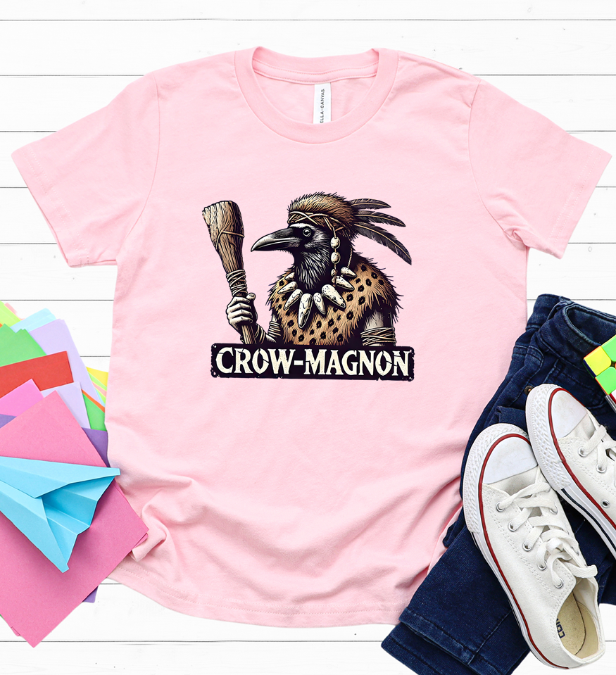 Crow-magnon Funny  Caveman Crow Meme Shirt | Pink Youth T-shirt