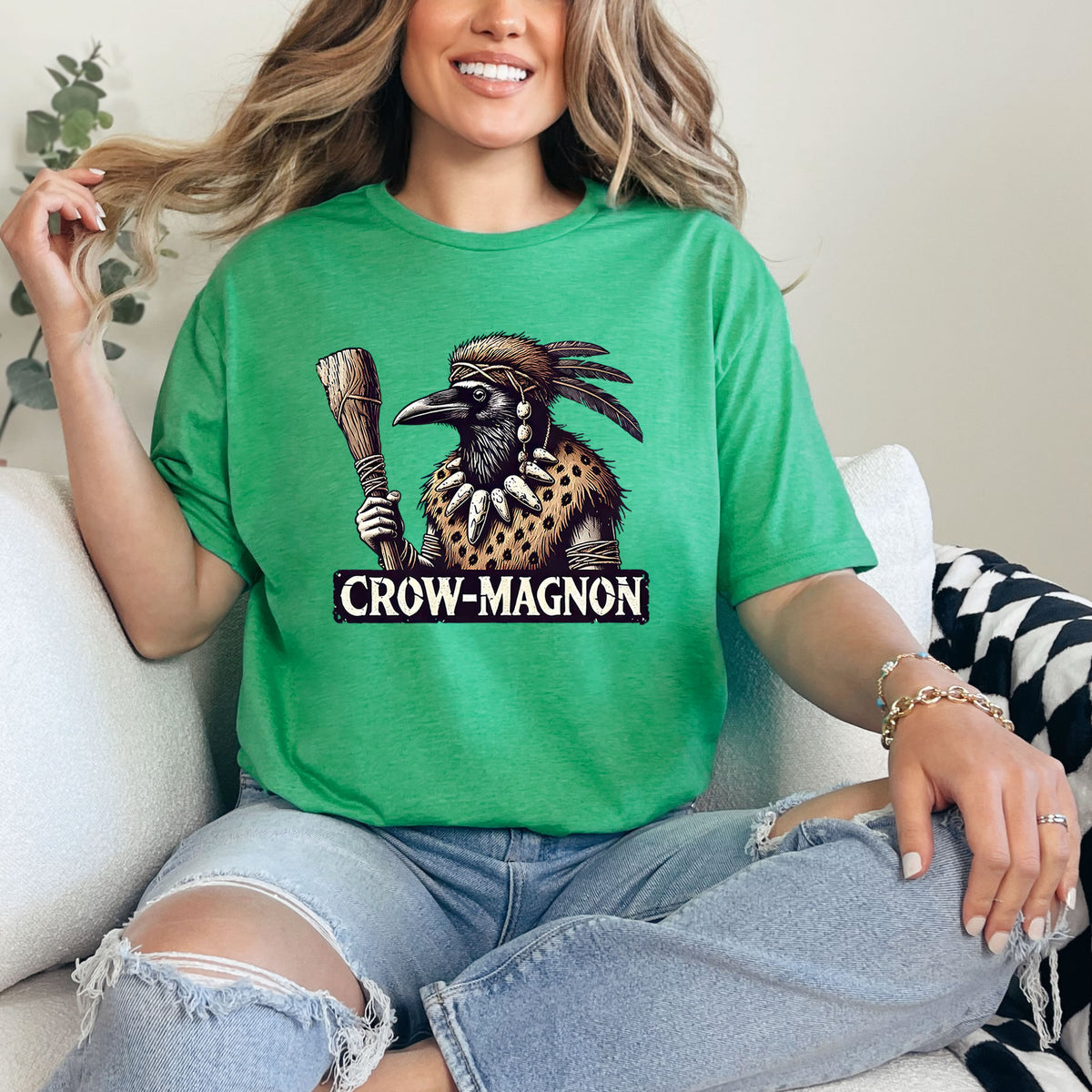 Crow-magnon Funny  Caveman Crow Meme Shirt | Heather Irish Green soft style t-shirt