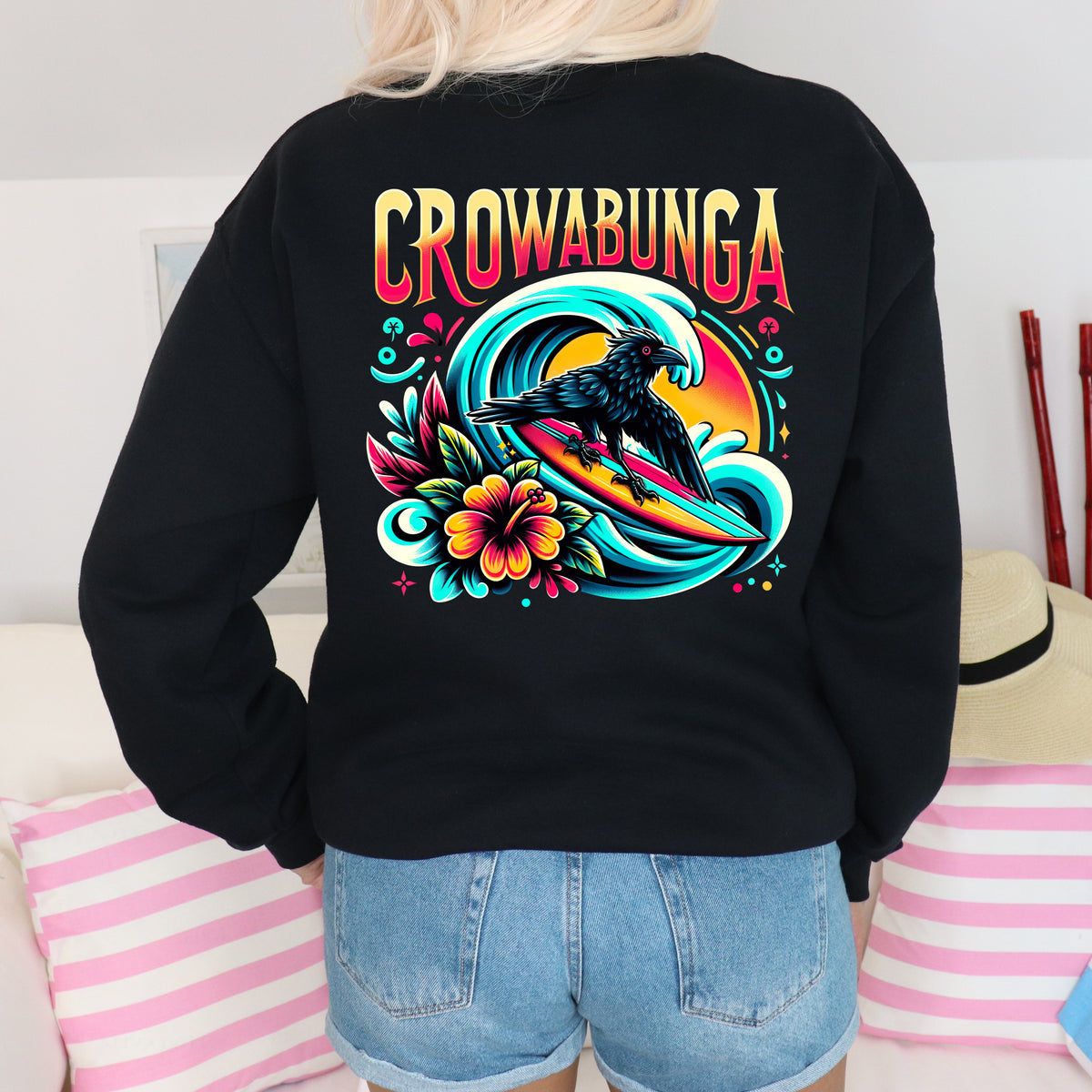 Crowabunga Funny Surfing Crow Shirt | Surfer Shirt | Crow Lover Beach Bum Gift | Bird Lover Surfing Shirt | Unisex Crewneck Sweatshirt