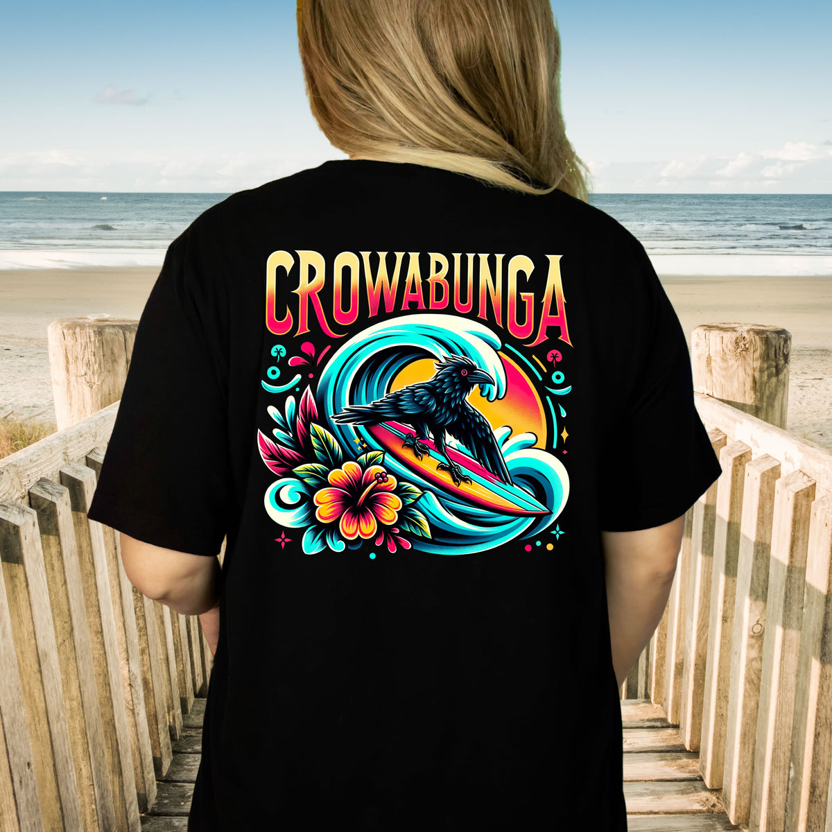 Crowabunga Funny Surfing Crow Shirt | Black Unisex Jersey T-shirt