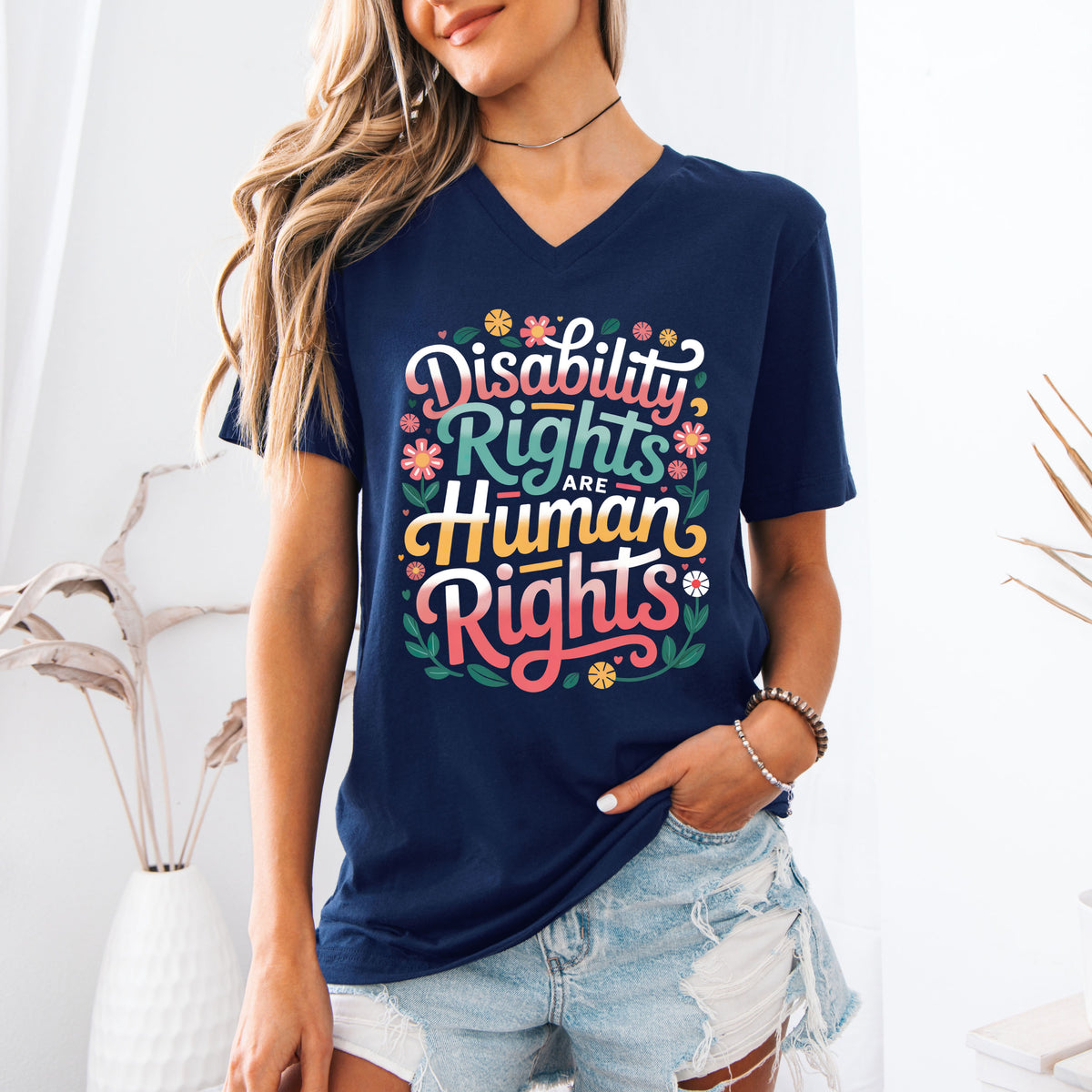 Disability Rights Are Human Rights Retro Floral V-Neck T-Shirt  | Navy Blue V-neck Shirt