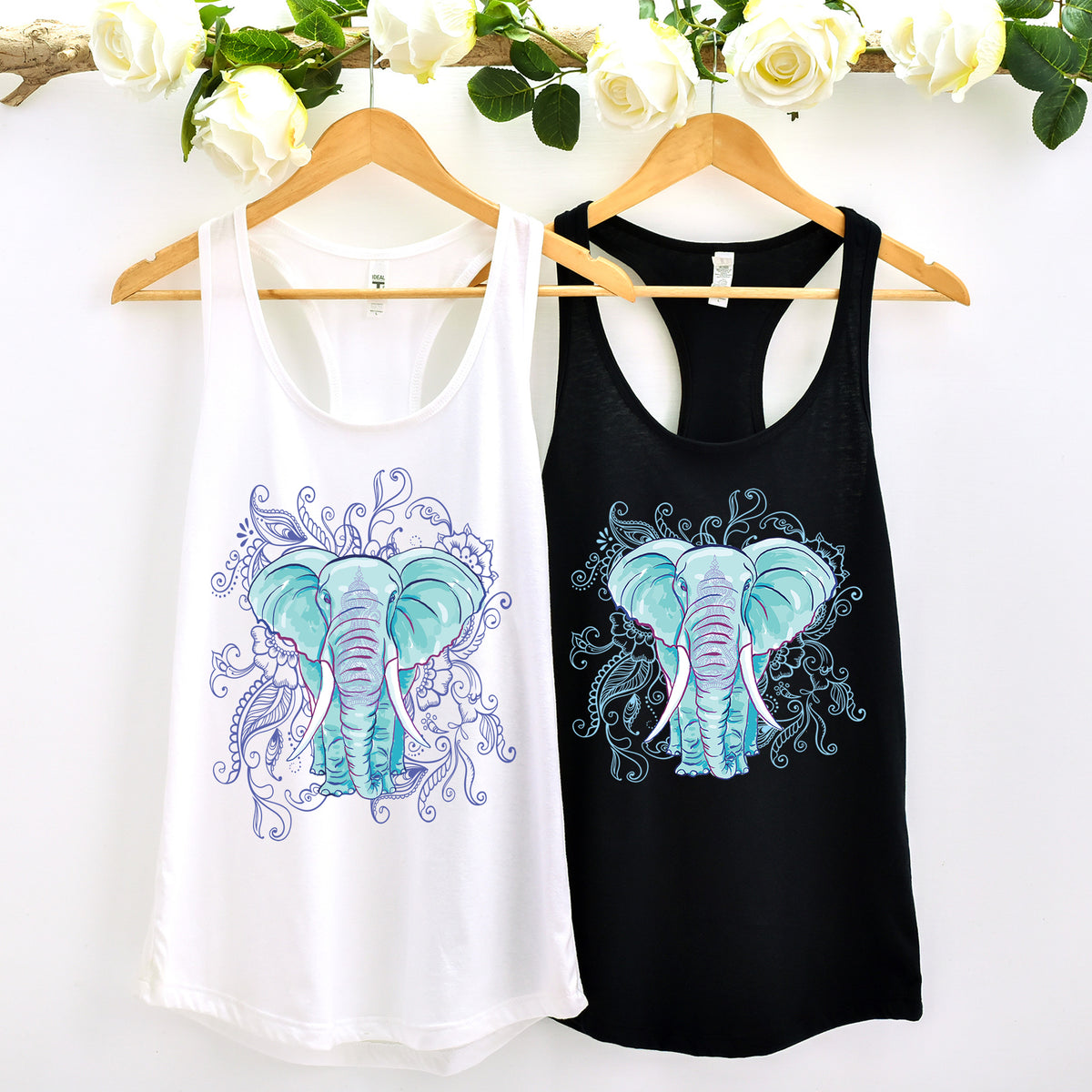 Indian Mandala Watercolor Art Elephant Shirt  | White and Black Racerback Tank Tops