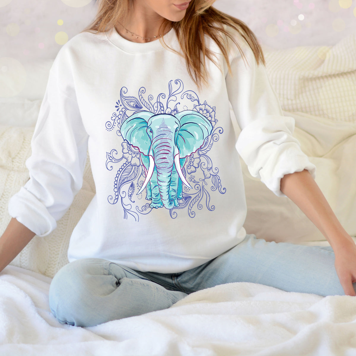 Indian Mandala Watercolor Art Elephant Shirt  | White Crewneck Sweatshirt