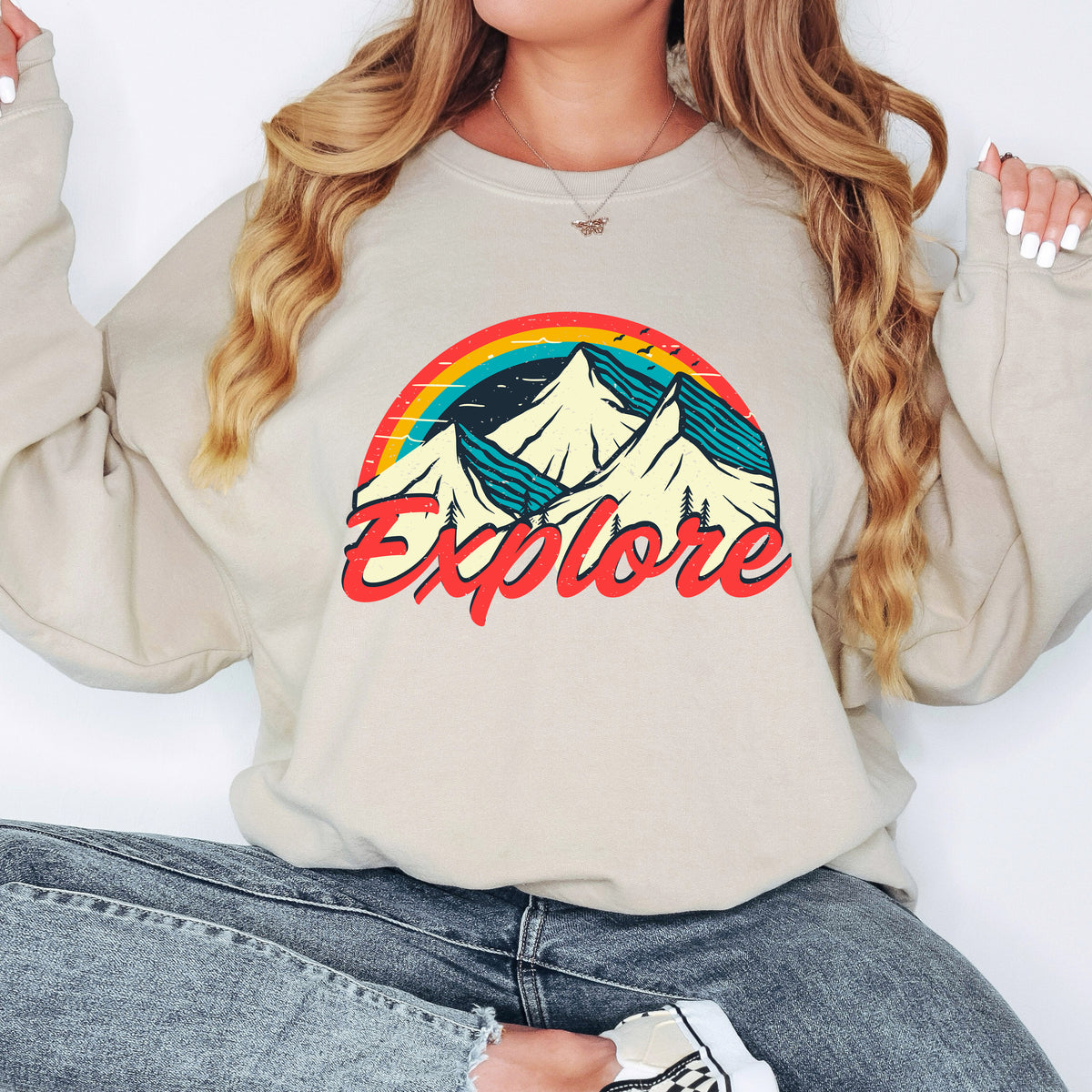 Explore Retro Hiking Camping Shirt  | Sand Sweatshirt
