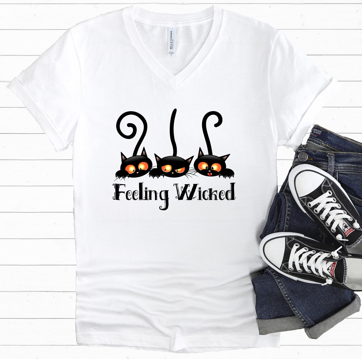 Feeling Wicked Black Cat Halloween Shirt | White Vneck Tshirt