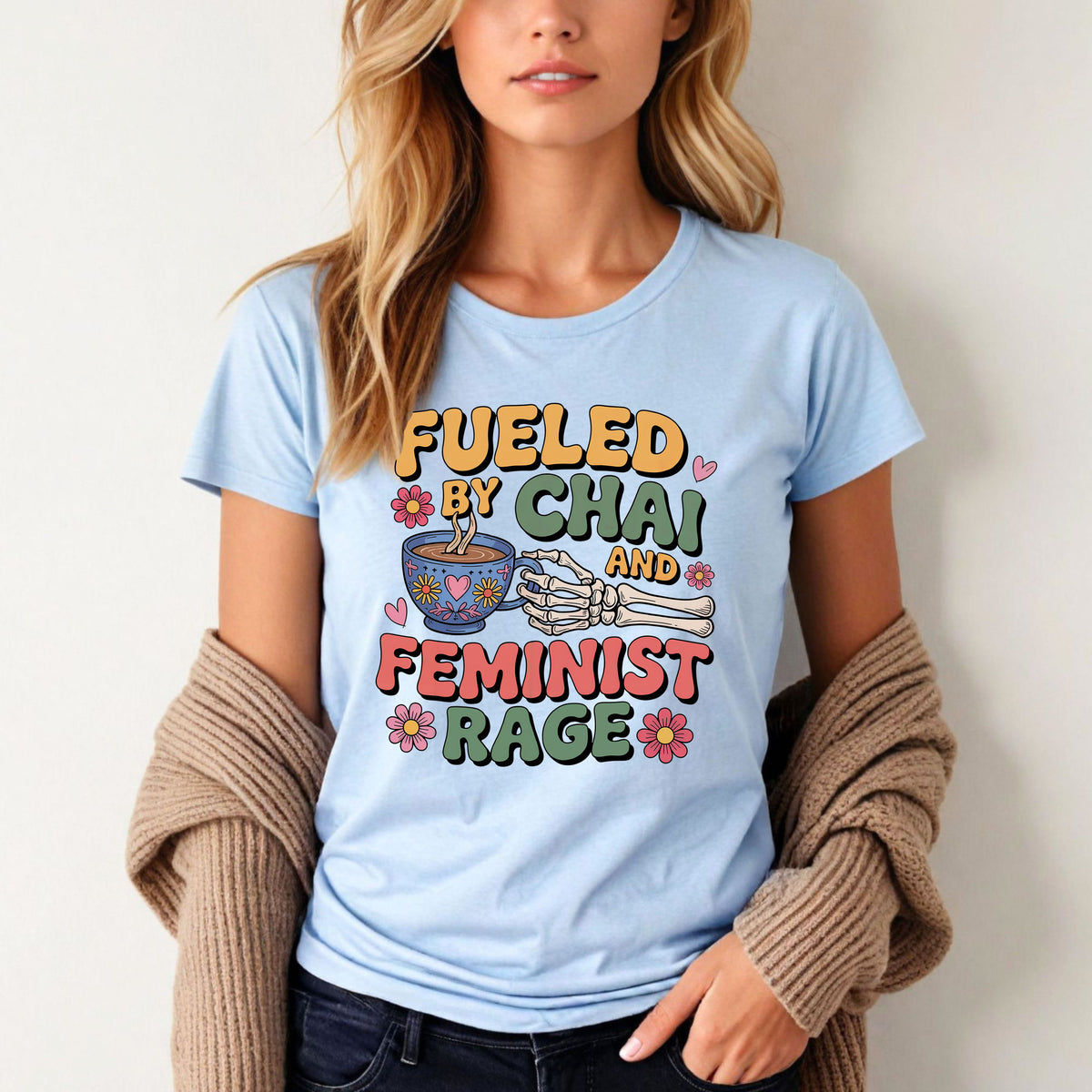 Fueled by Chai Feminist Rage Skeleton Shirt | Light Blue Women's Slim-fit T-shirt