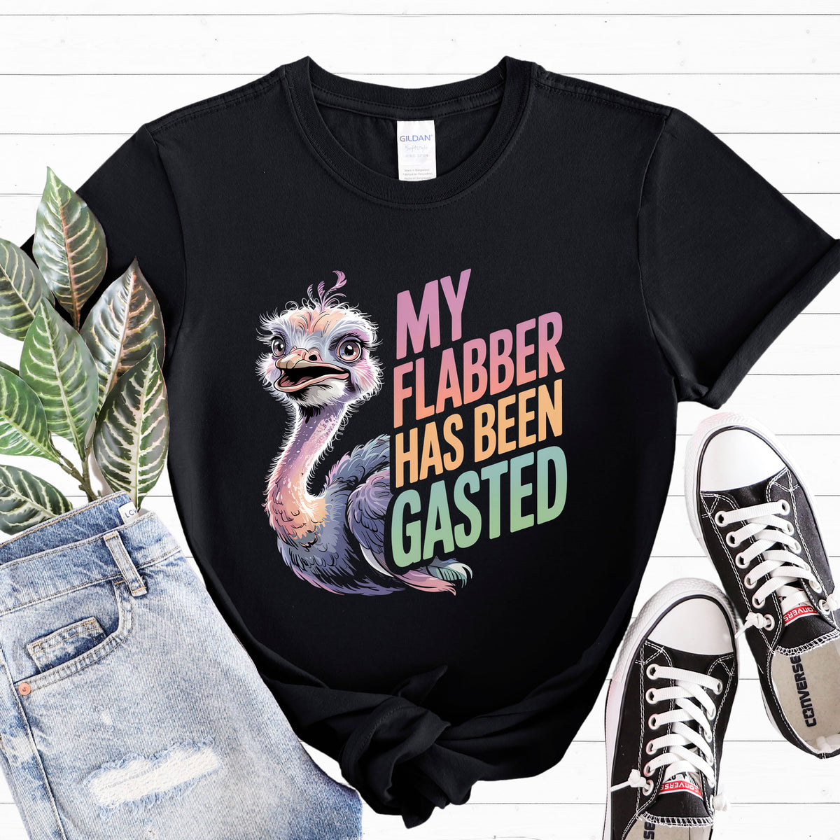 Flabber Has Been Gasted Funny Ostrich Shirt | Black Unisex Jersey T-shirt