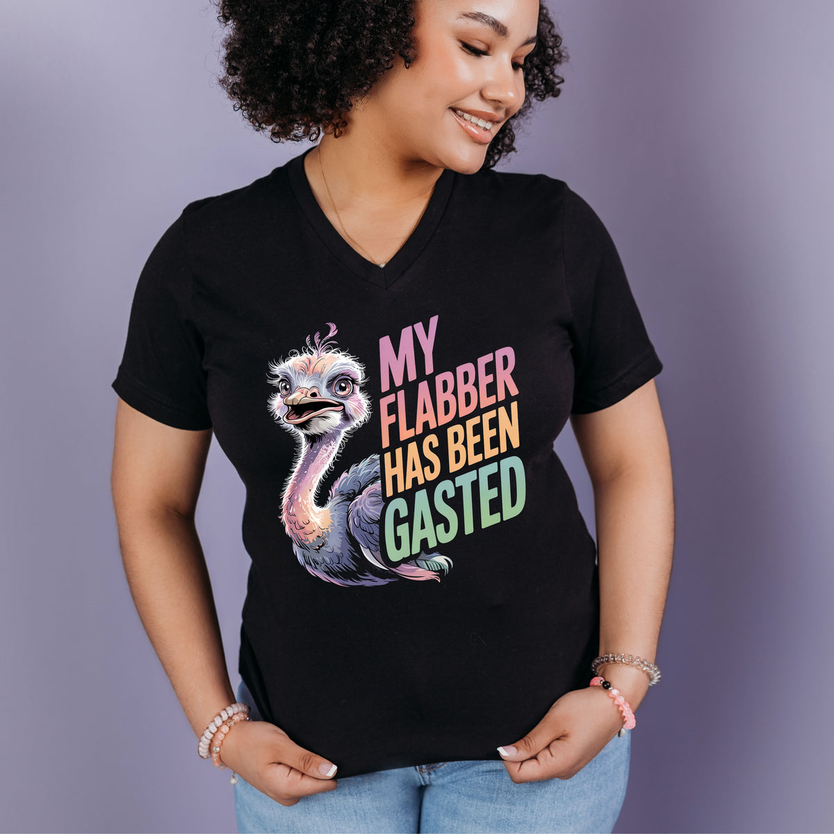 Flabber Has Been Gasted Funny Ostrich Shirt | Black V-neck T-shirt